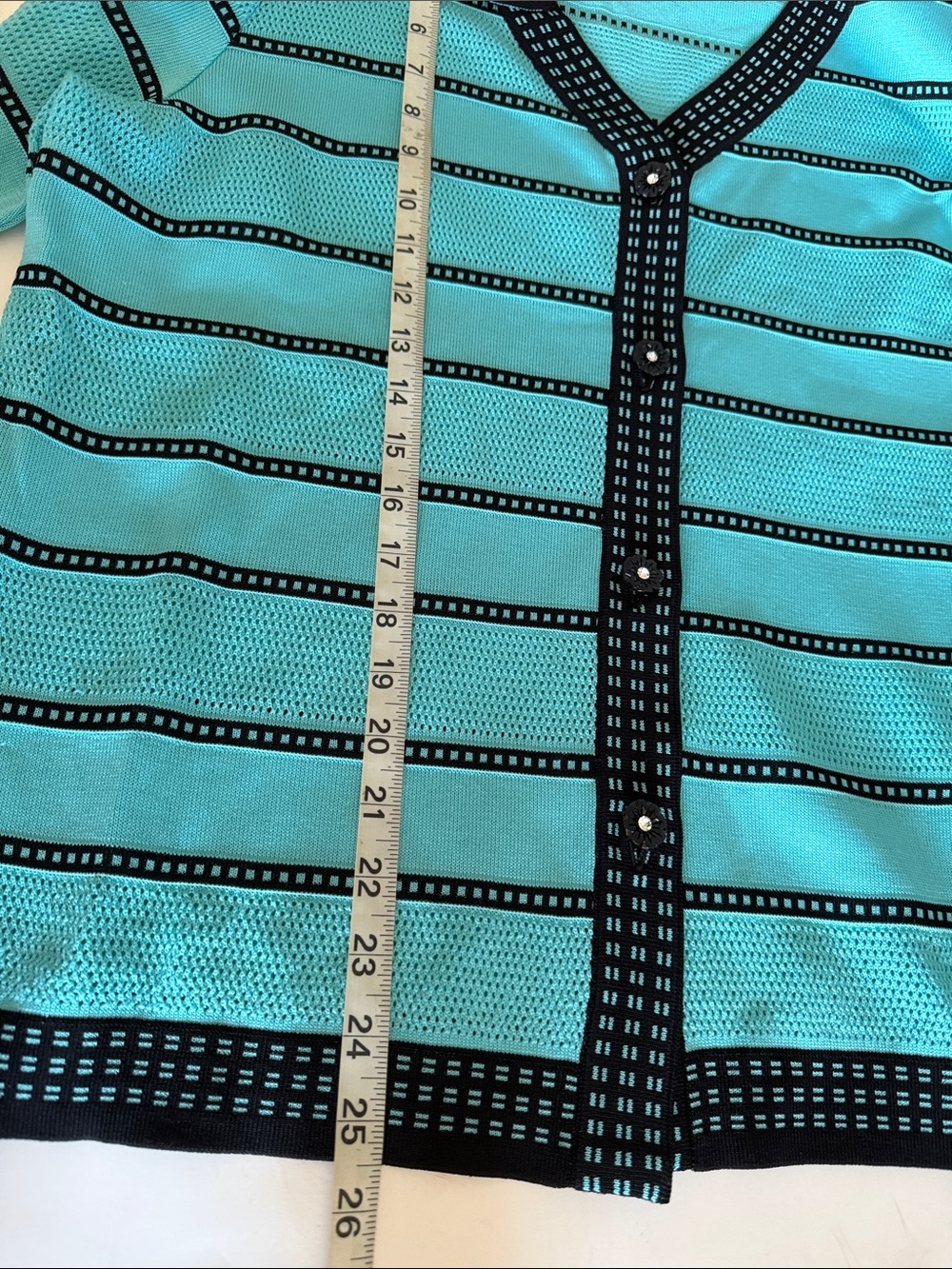 Misook Womens Aqua Blue Black Stripe Bow Button Front Cardigan size XL - Picture 7 of 8